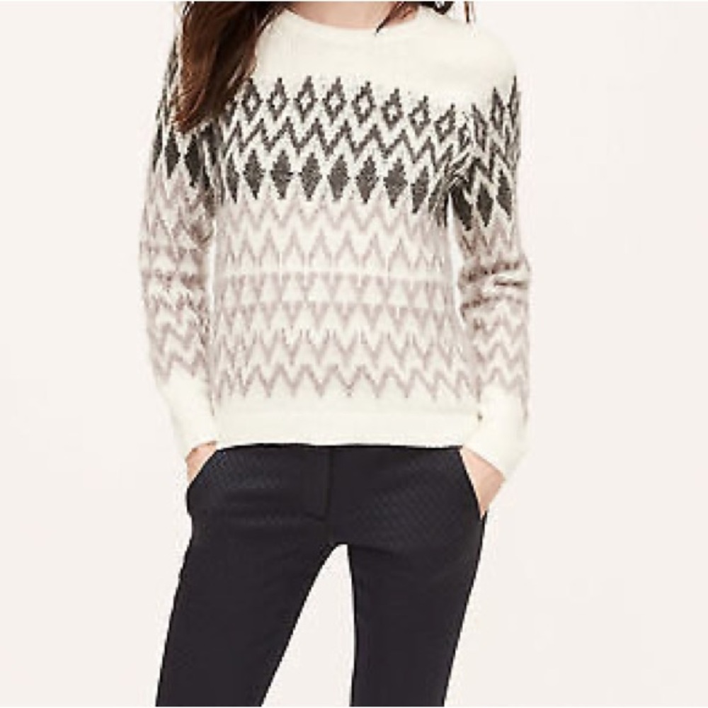 LOFT Cream and Gray Patterned Sweater